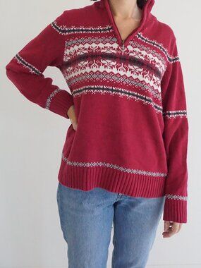 Croft & Barrow Red White Y2K Fair Isle Nordic Snowflake Cabin Lodge Sweater M